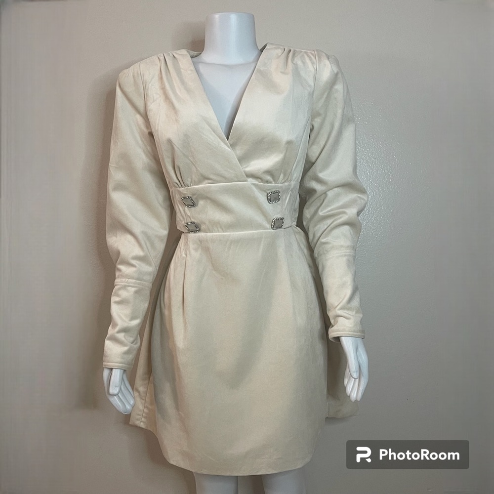 Cream velvet cutout blazer long sleeve  mini dress with buttons details